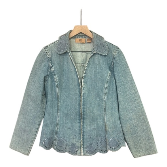 Dana Buchman Blue Denim Jean Jacket Embroidered Studded Distressed Size 10 - Picture 1 of 11